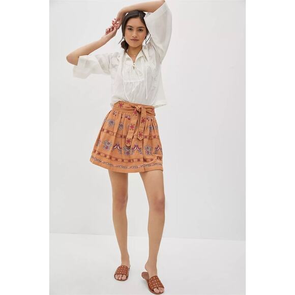Anthropologie Meghan Embroidered Belted Mini Skirt with Pockets Orange Pink 4 - Picture 1 of 14